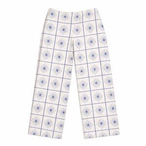 Zara Girls White Linen Blend Pants Blue Floral Embroidered Size 11/12
